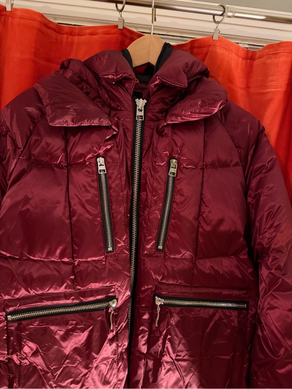 Women's Long Quilted Puffer Coat in Burgundy with Hood